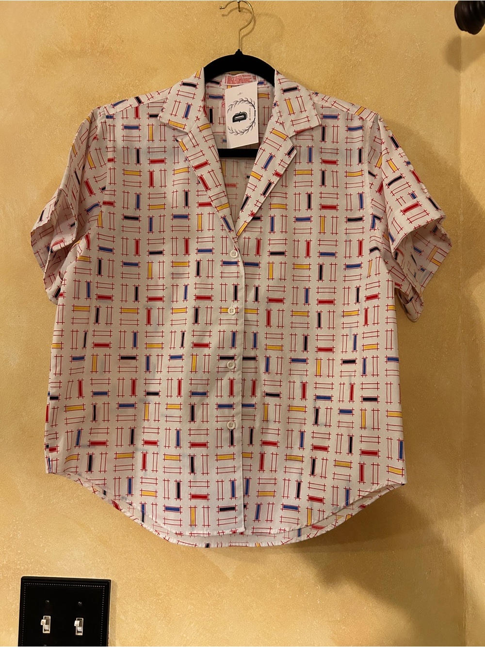 Men's Short-Sleeve Button-Down Shirt in White with Multicolor Grid